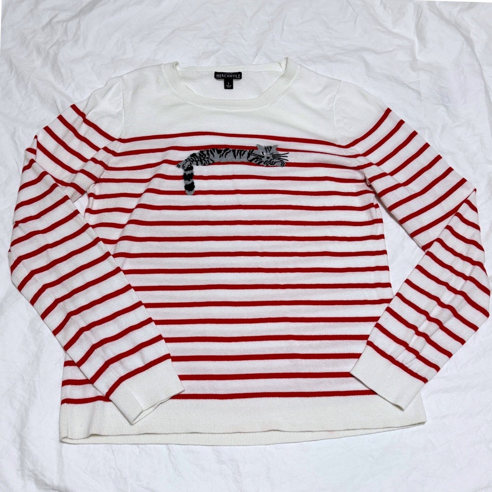 J.Crew Mercantile Cat Sweater Red White Striped Knit Crewneck Women Large Cotton